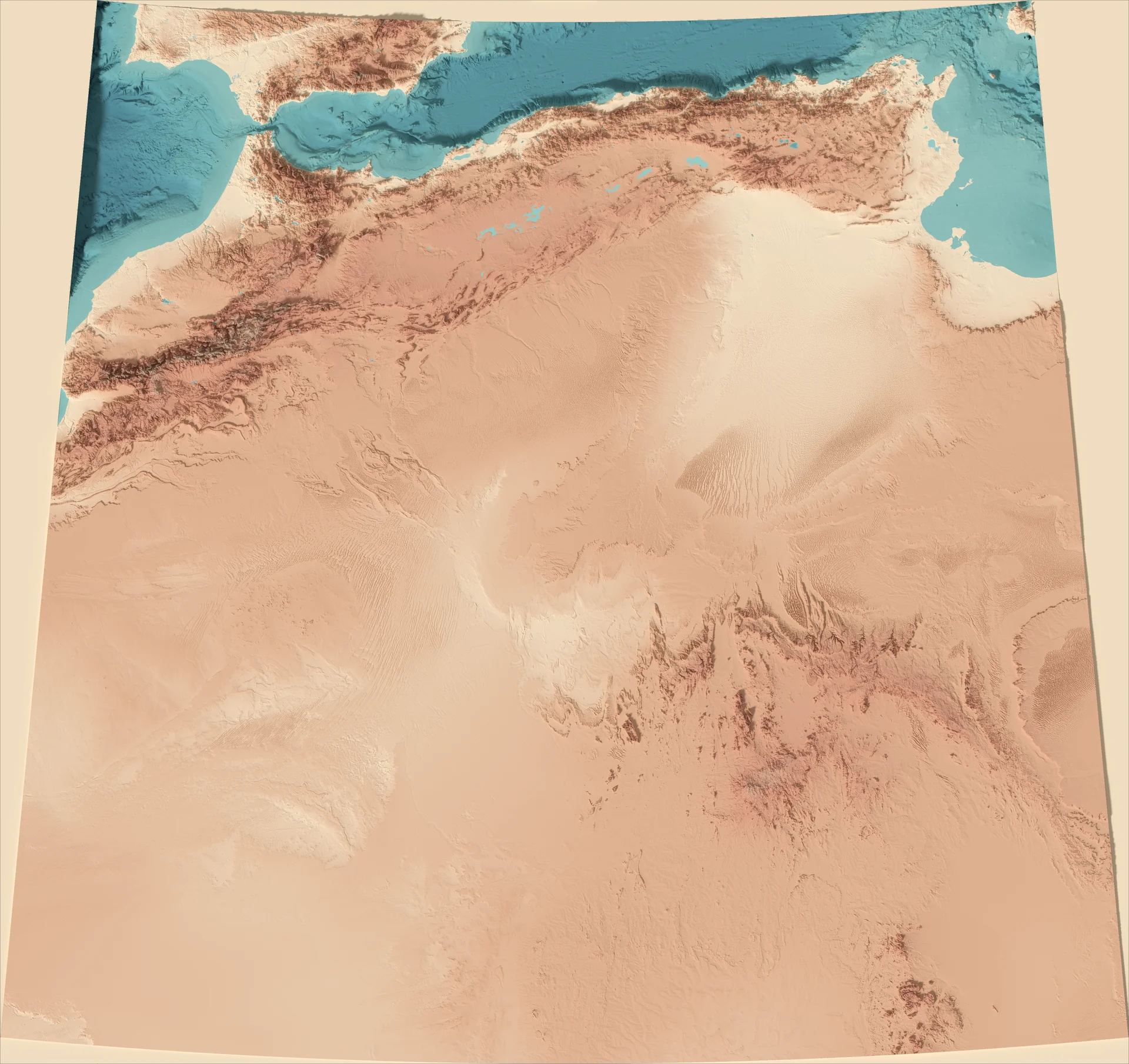 Ray-traced relief map of Algeria