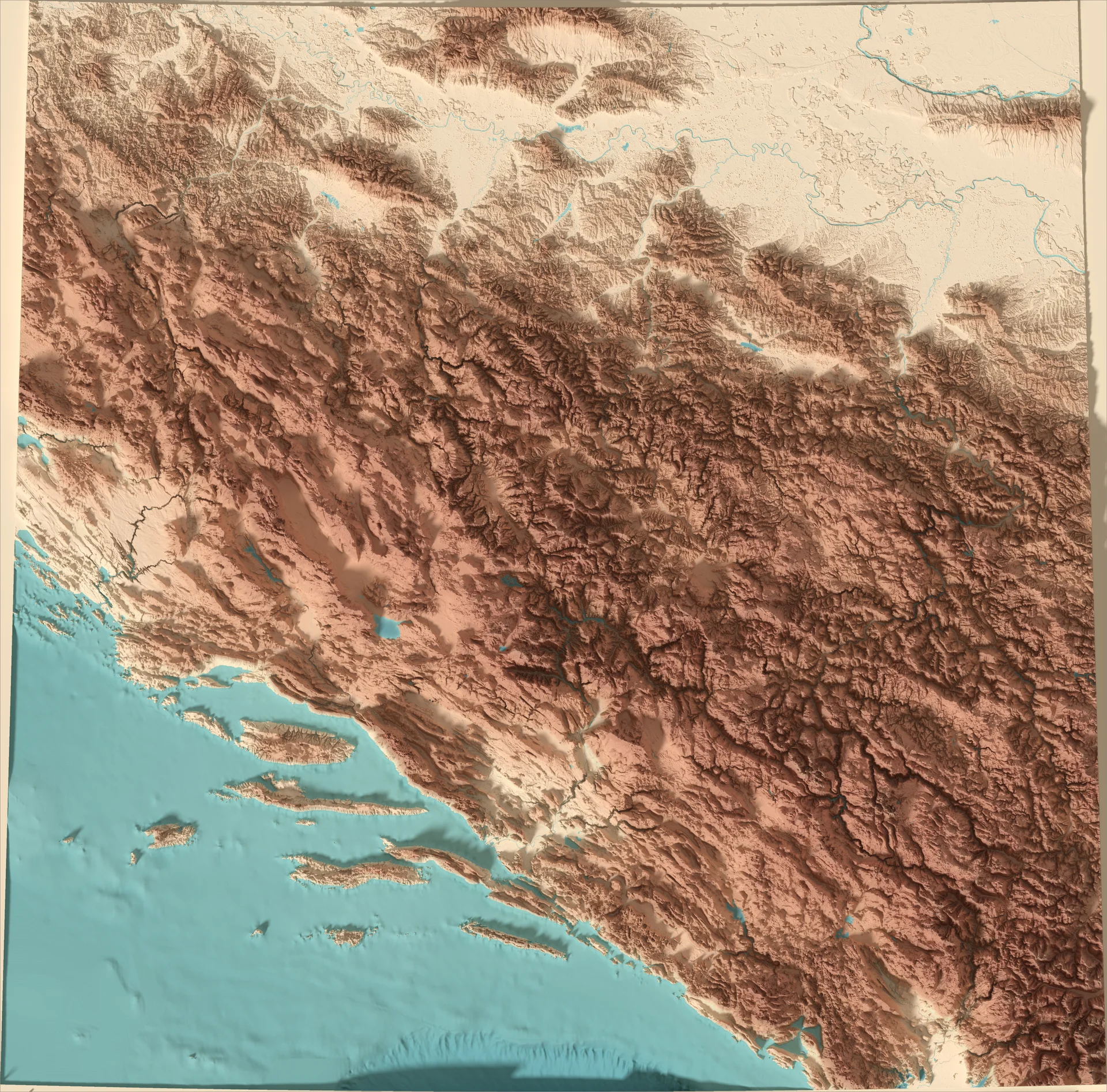 Ray-traced relief map of Bosnia and Herzegovina