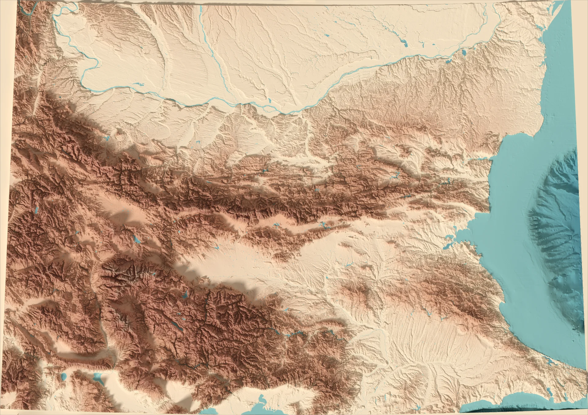 Ray-traced relief map of Bulgaria