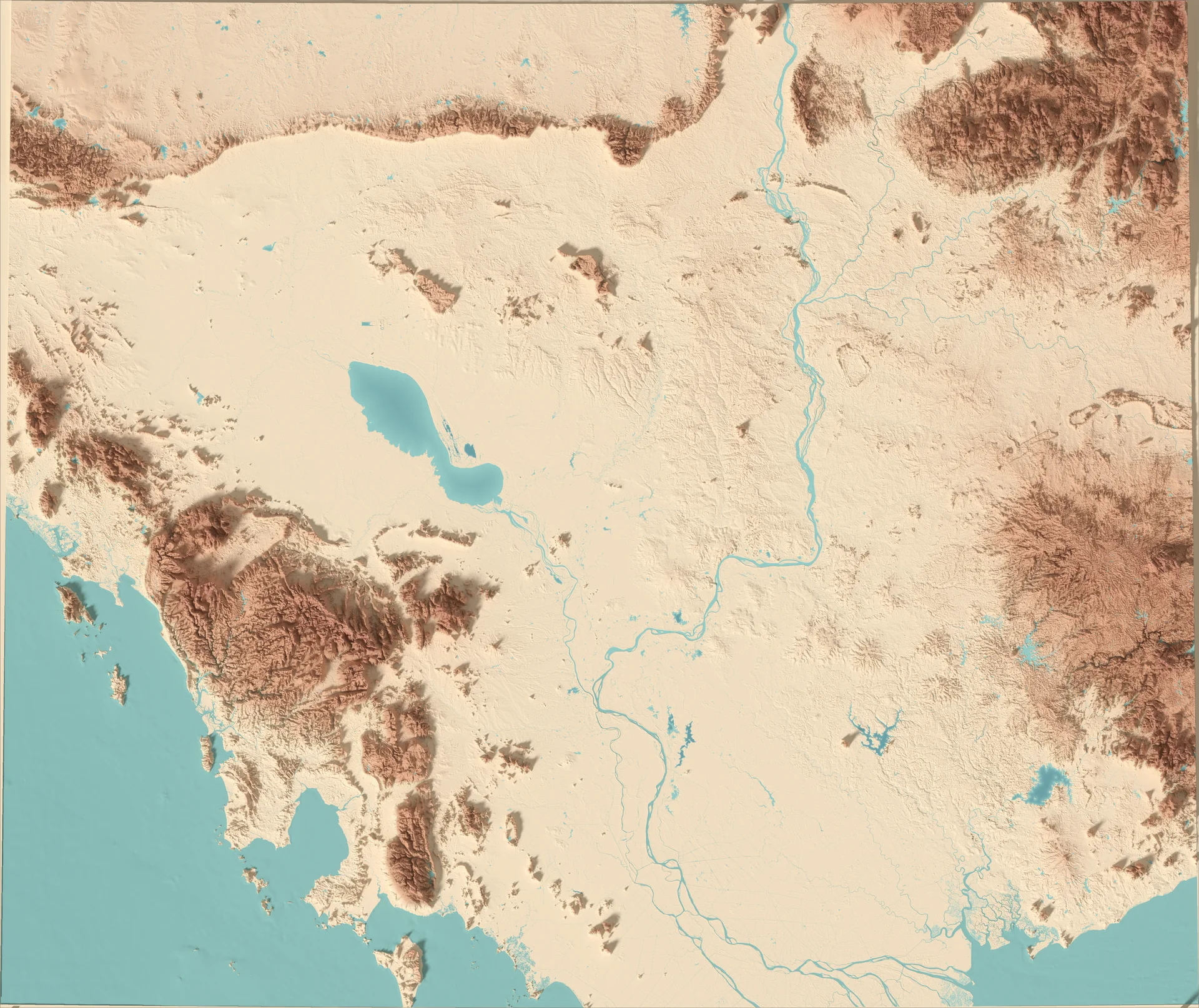 Ray-traced relief map of Cambodia