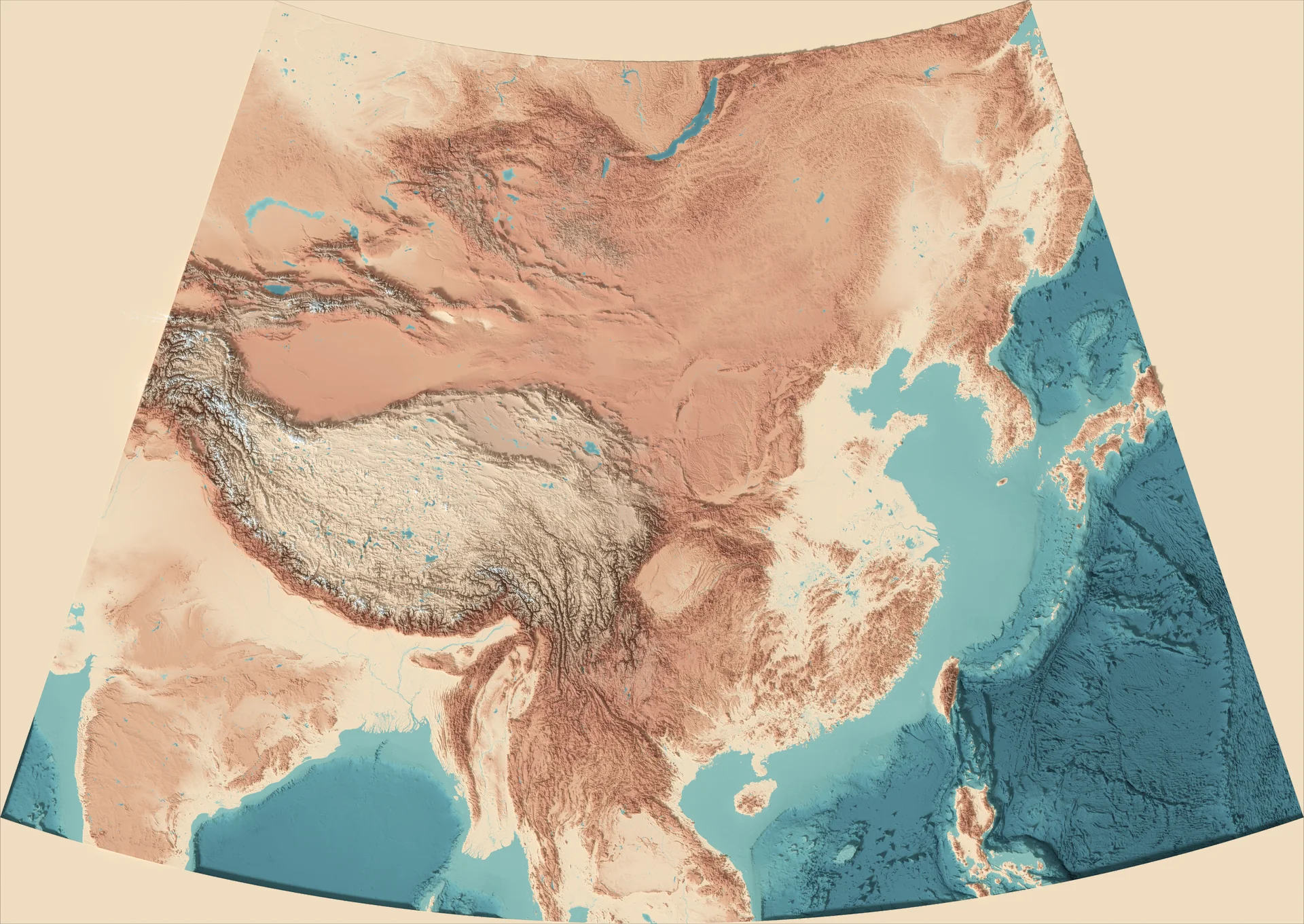 Ray-traced relief map of China