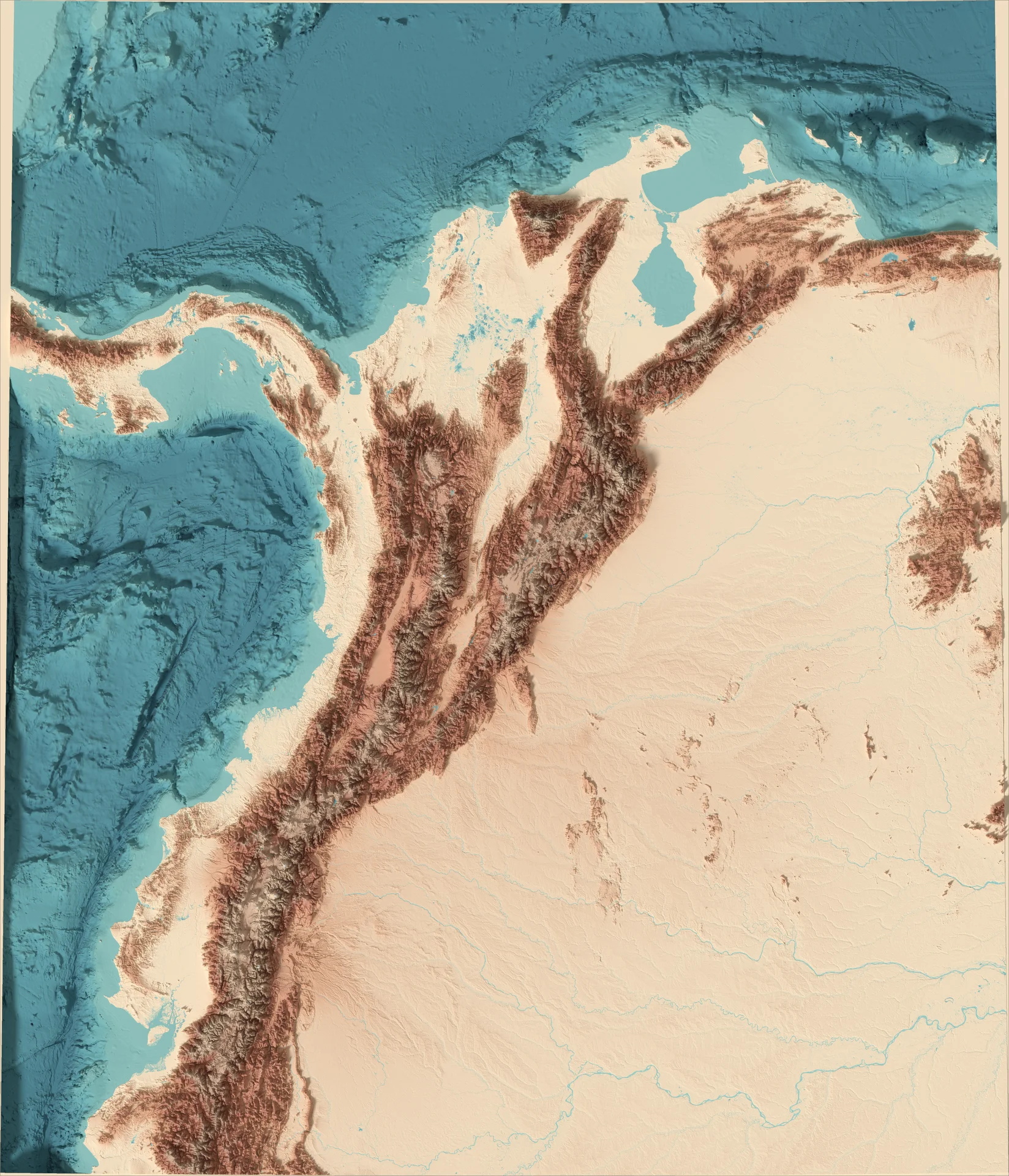 Ray-traced relief map of Colombia