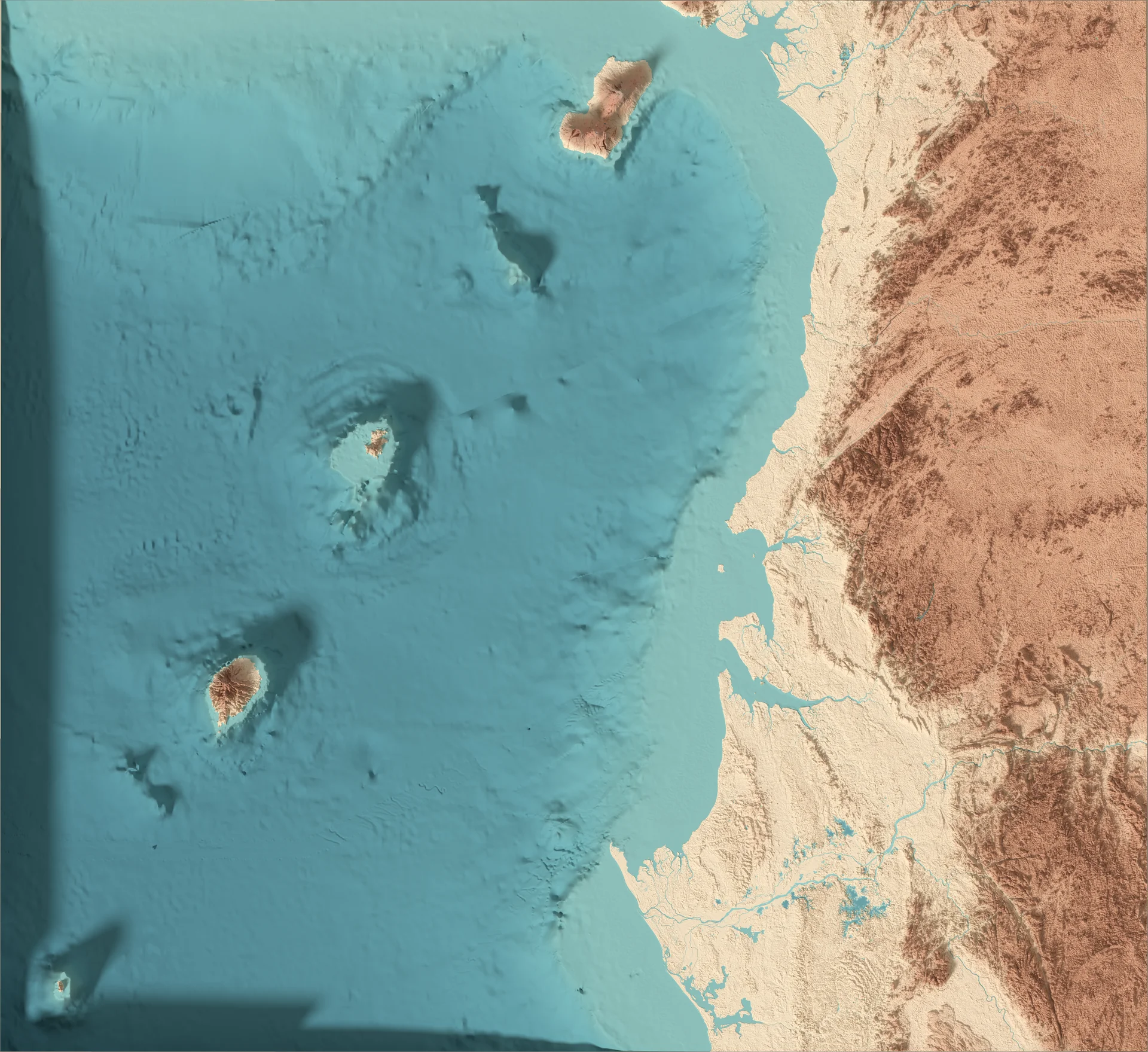 Ray-traced relief map of Equatorial Guinea