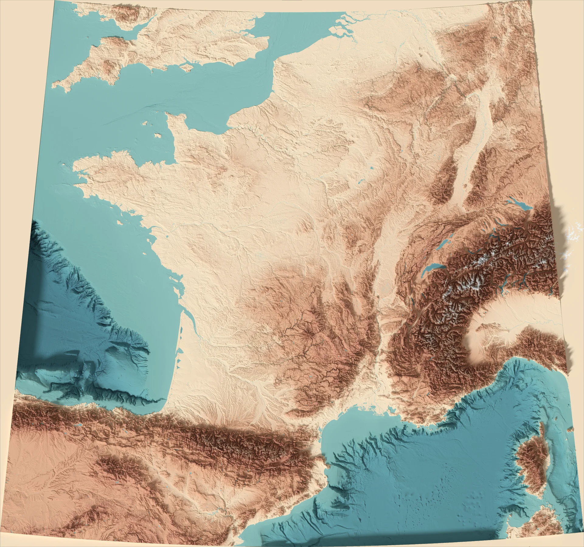 Ray-traced relief map of France