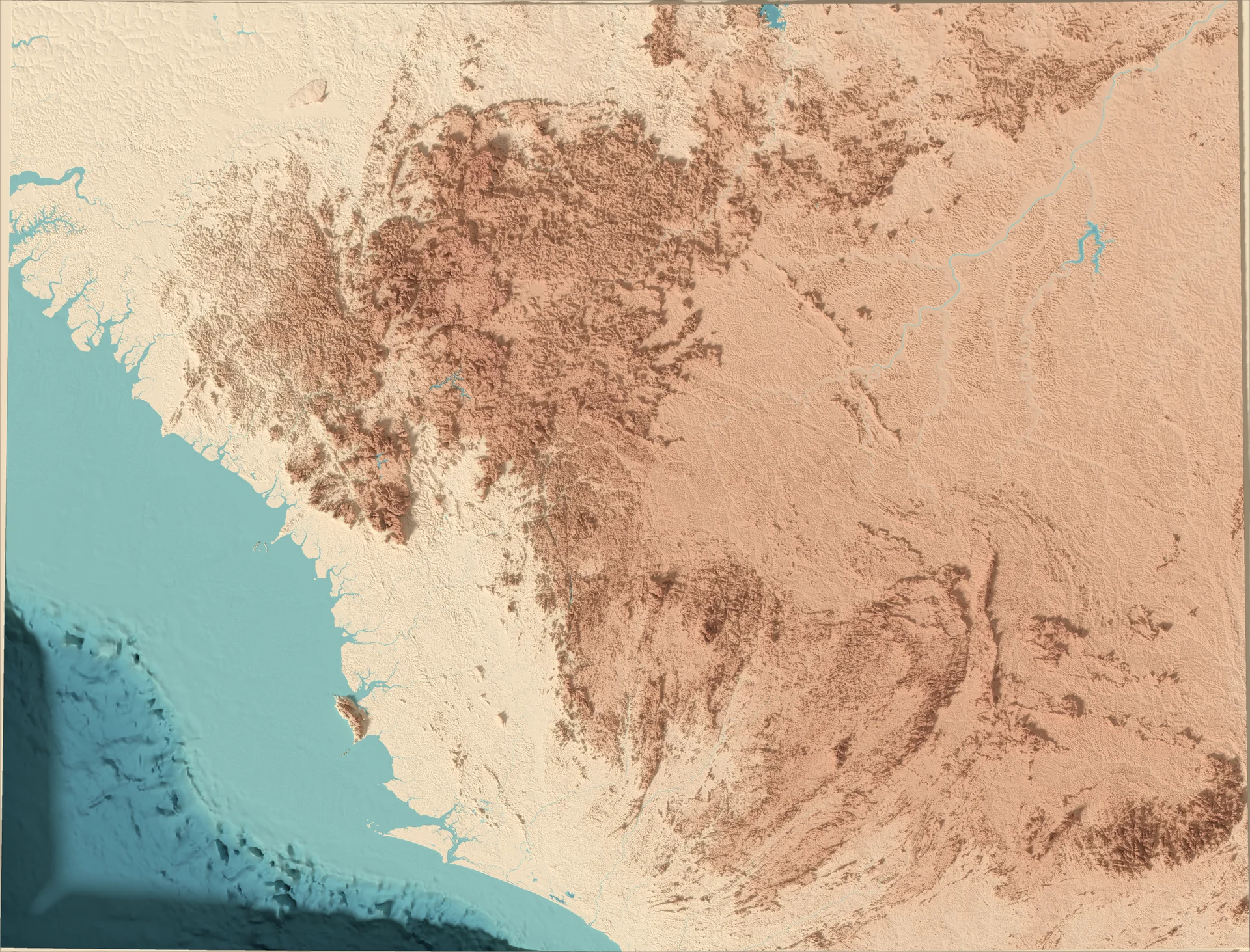 Ray-traced relief map of Guinea