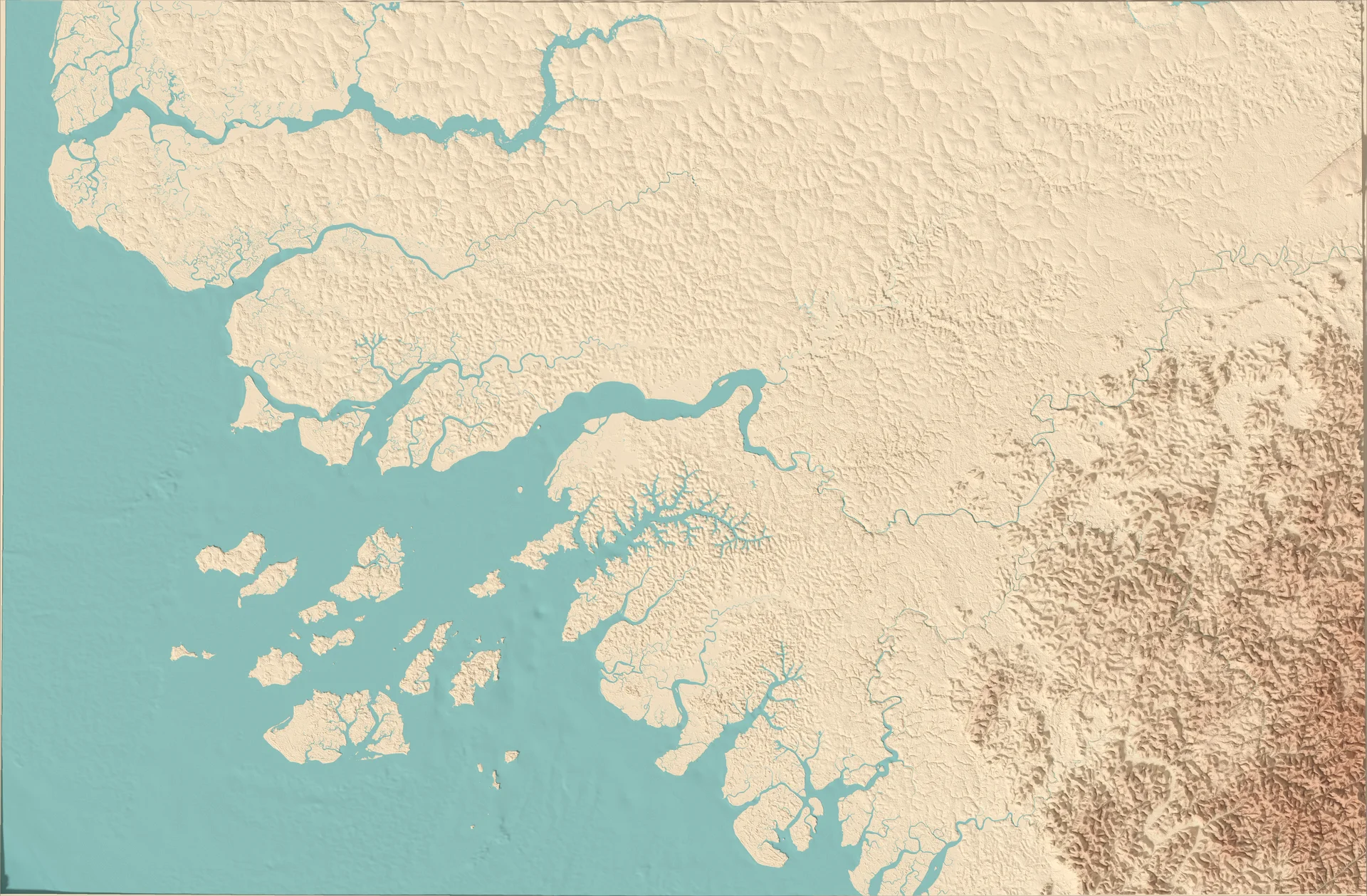 Ray-traced relief map of Guinea-Bissau