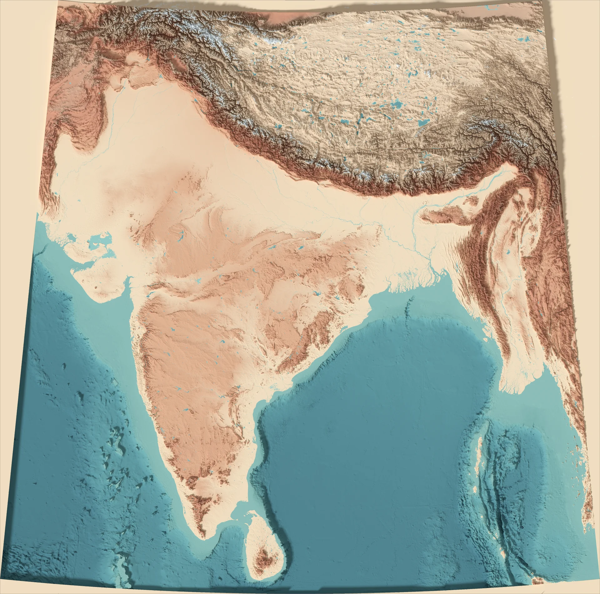 Ray-traced relief map of India