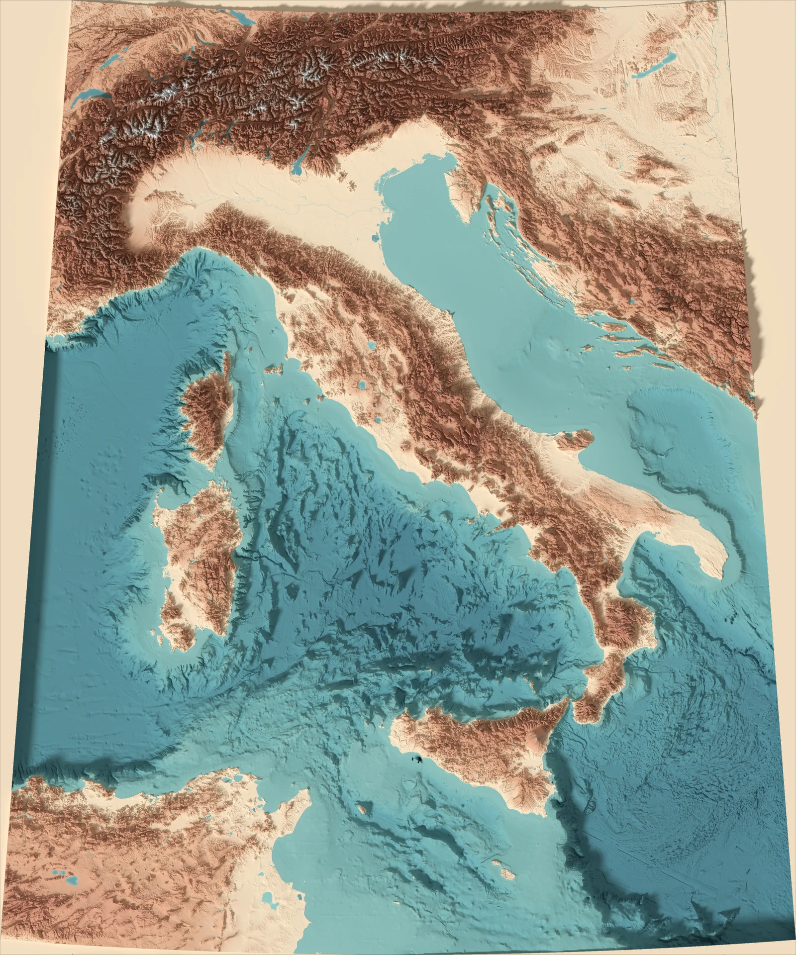 Ray-traced relief map of Italy