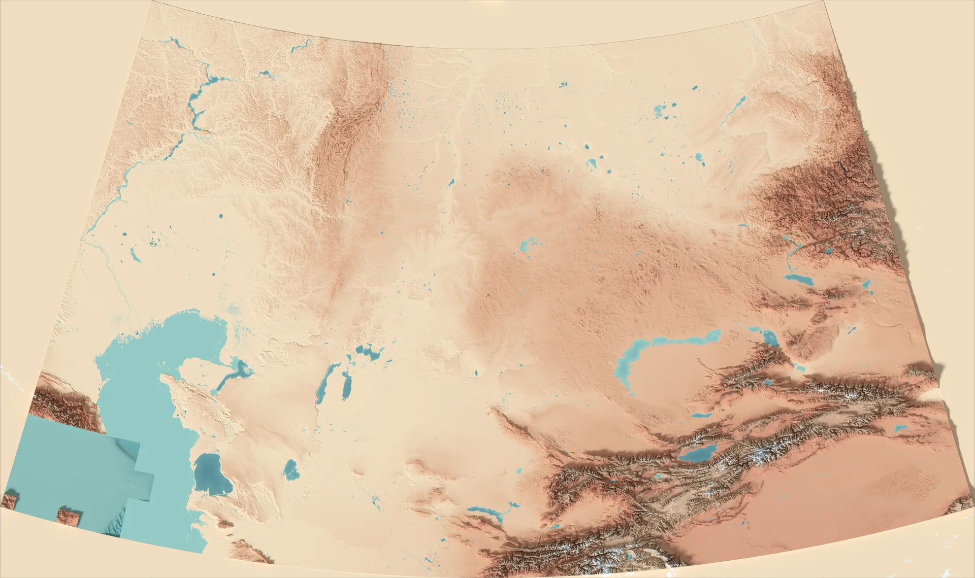 Ray-traced relief map of Kazakhstan