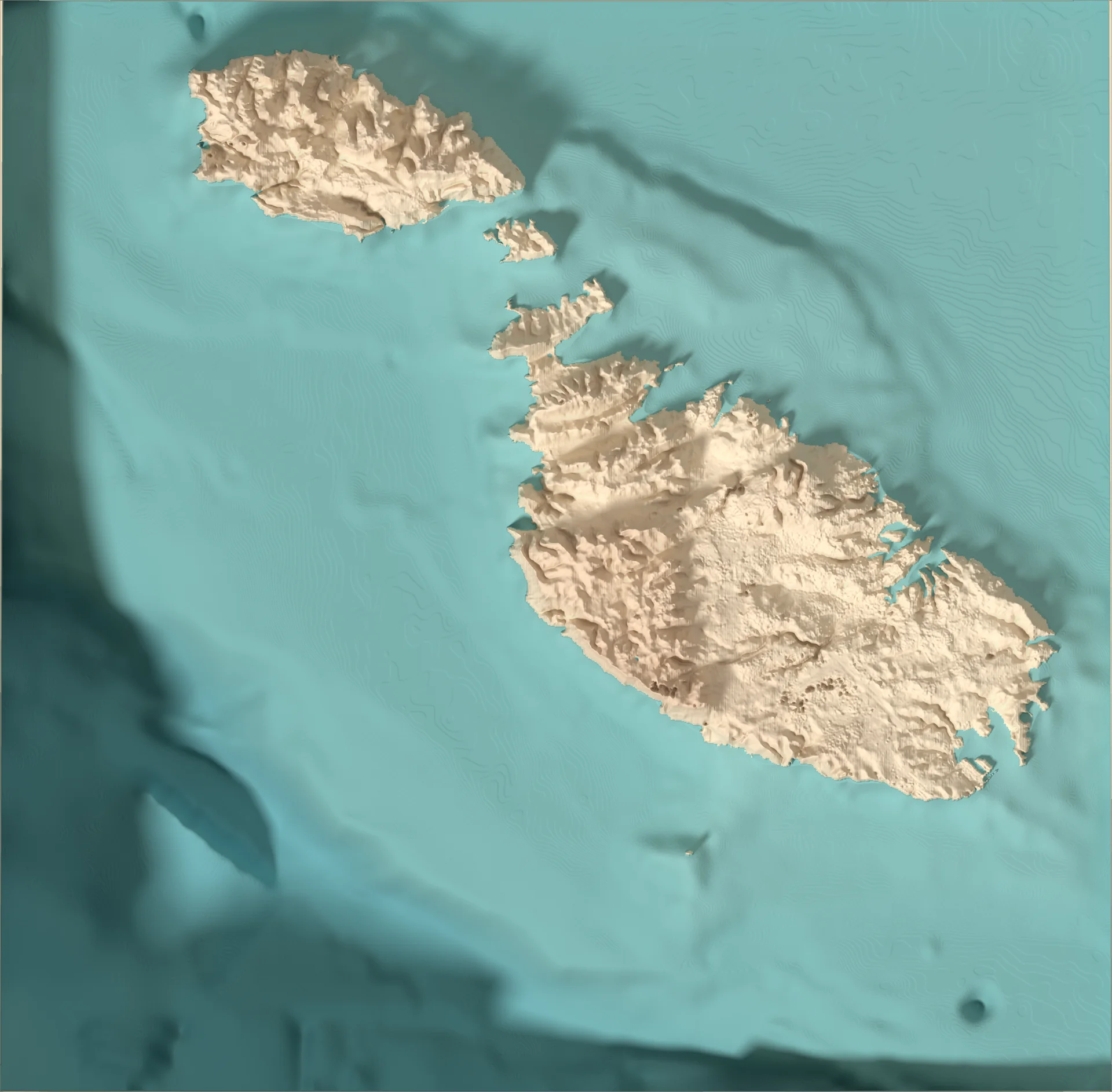 Ray-traced relief map of Malta