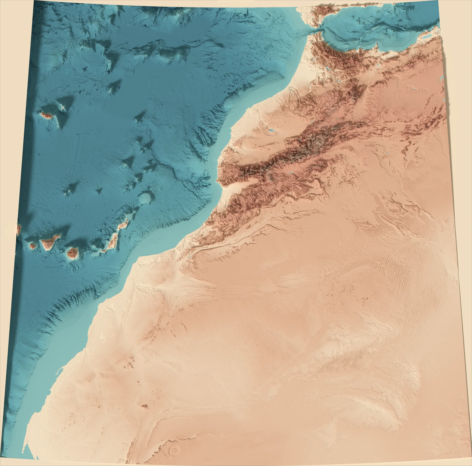 Ray-traced relief map of Morocco