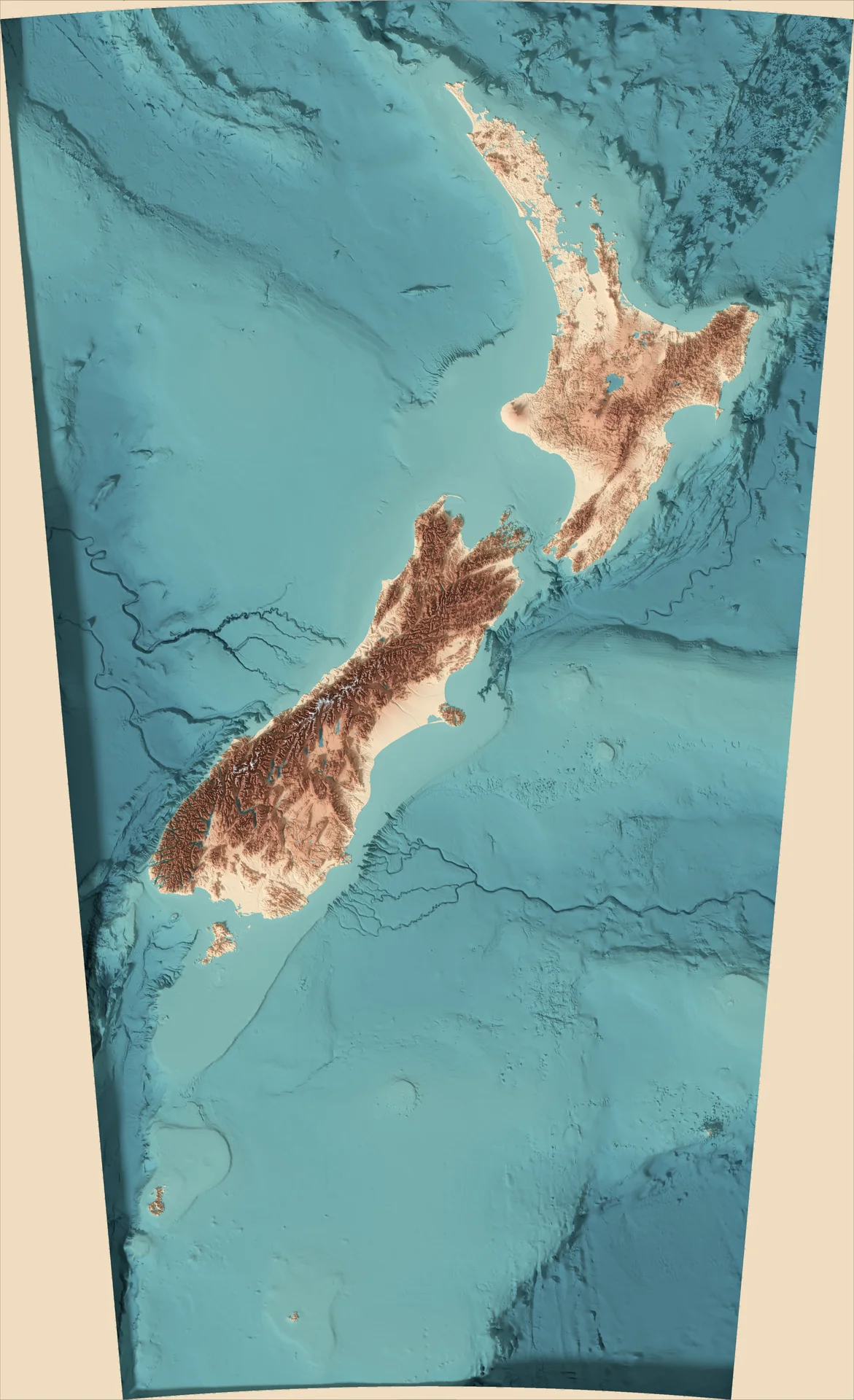 Ray-traced relief map of New Zealand