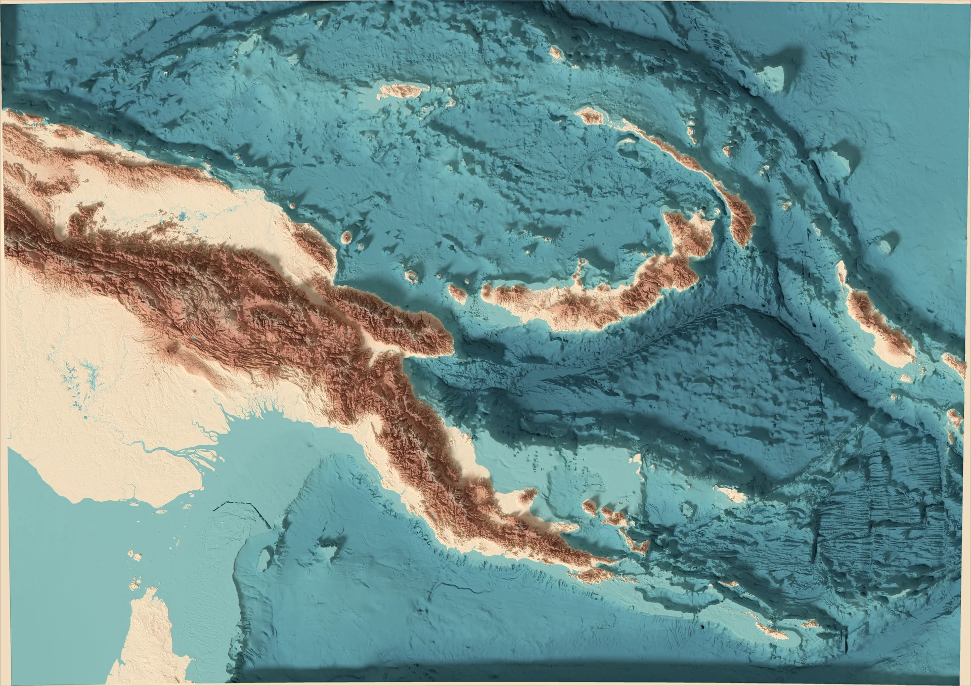 Ray-traced relief map of Papua New Guinea