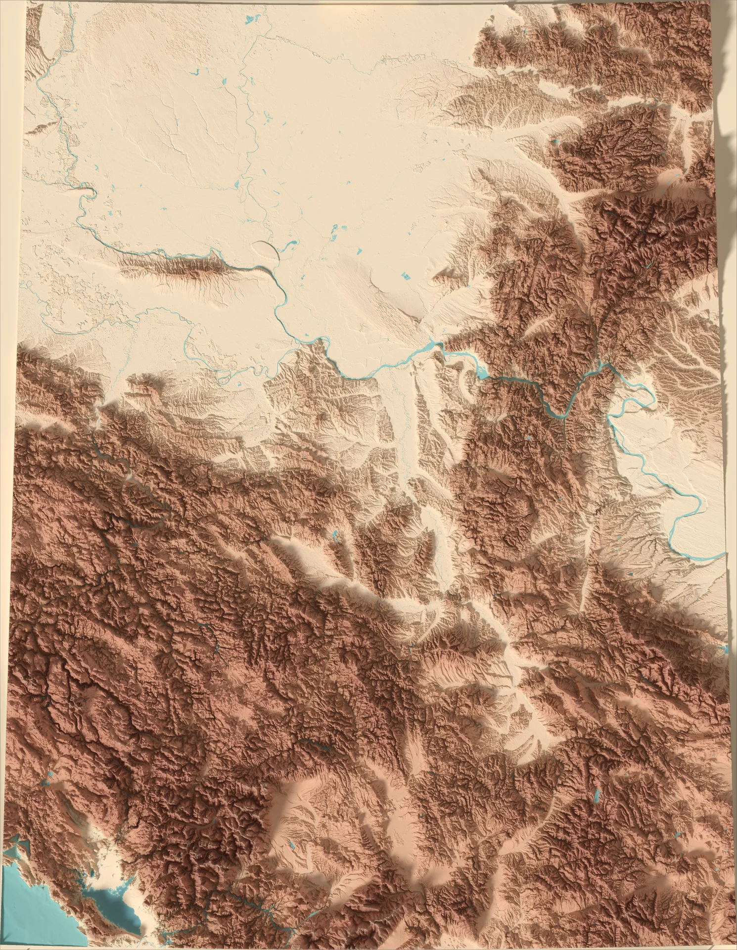 Ray-traced relief map of Republic of Serbia