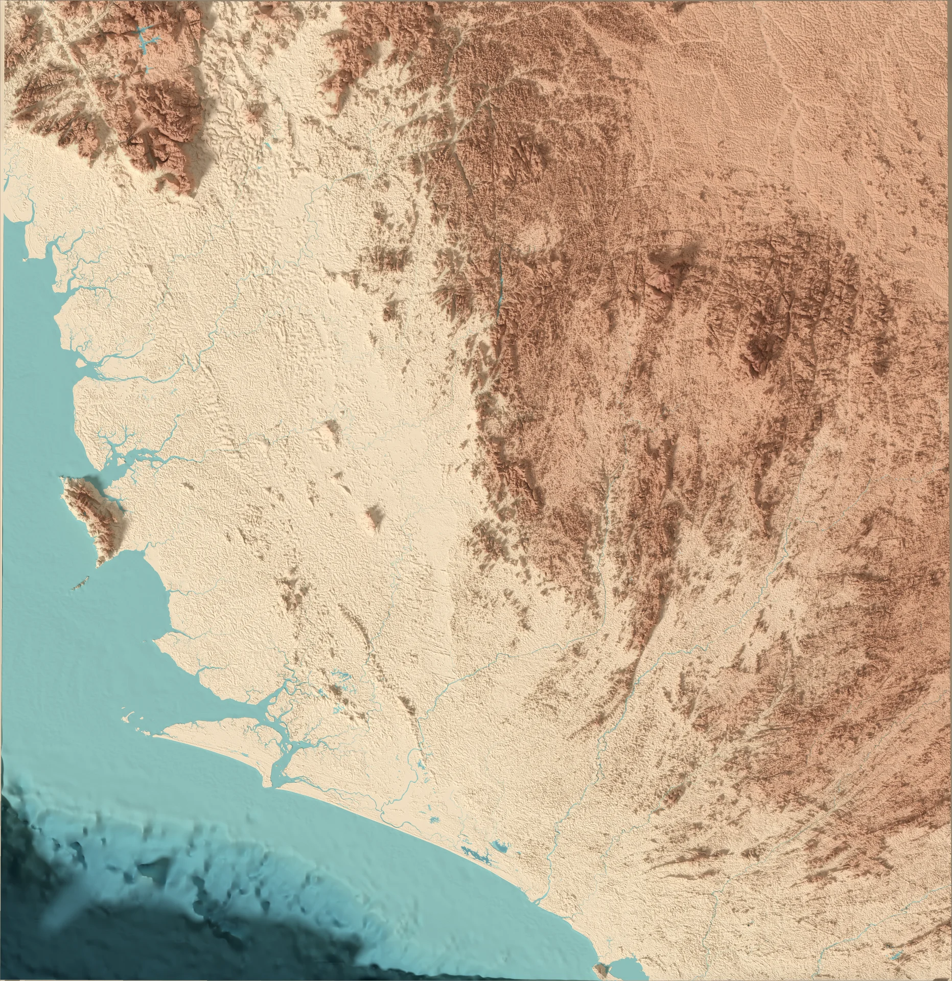 Ray-traced relief map of Sierra Leone