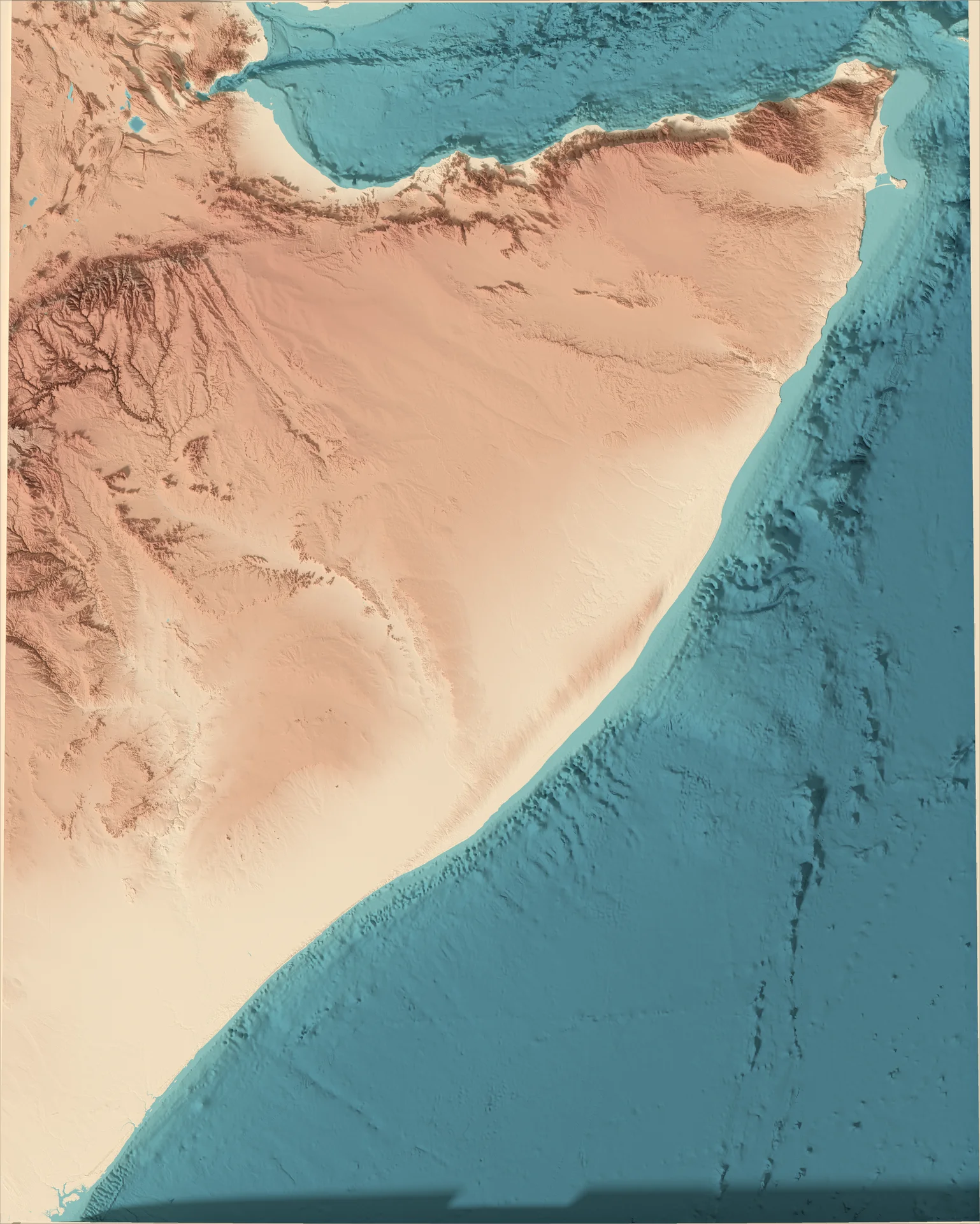 Ray-traced relief map of Somalia