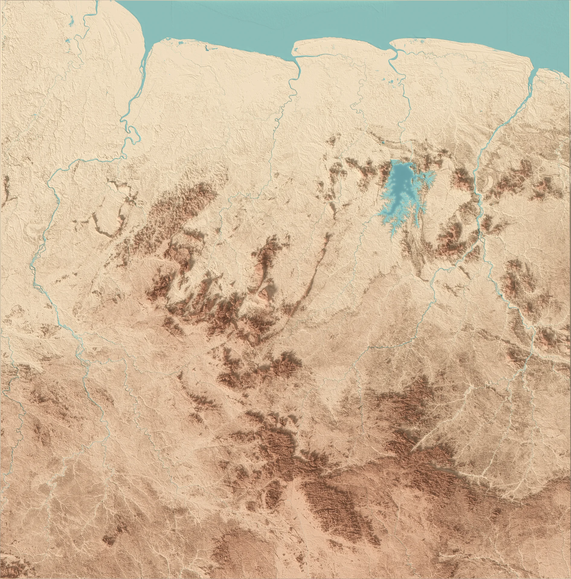 Ray-traced relief map of Suriname