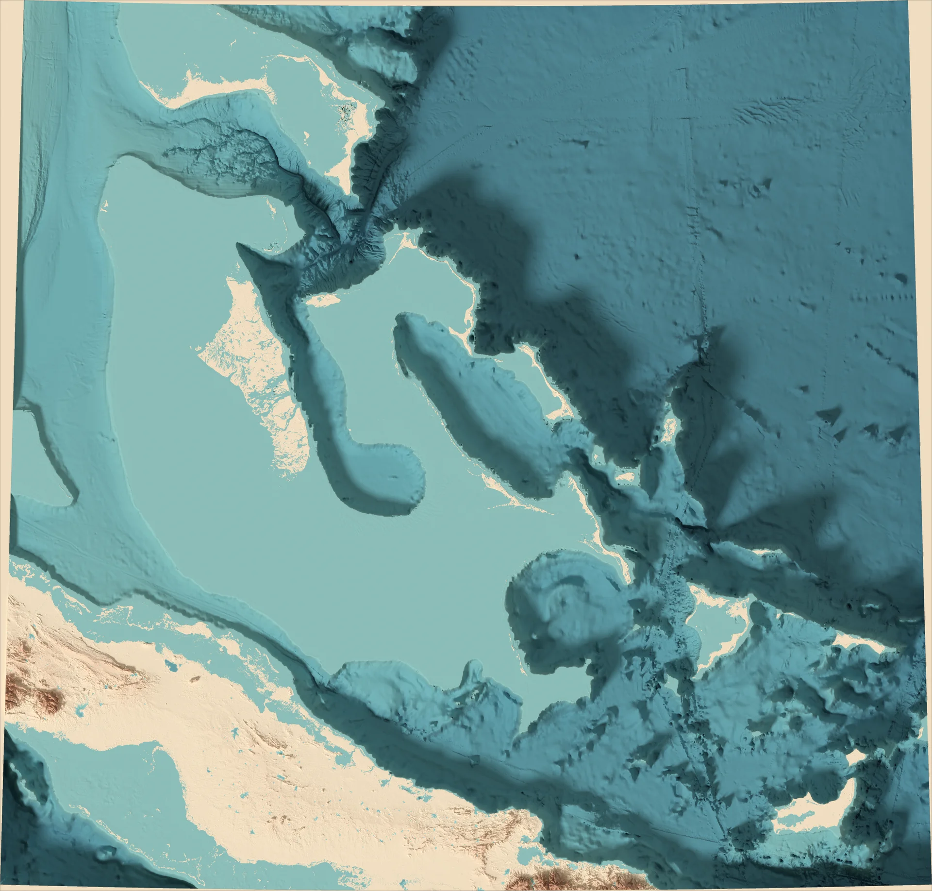 Ray-traced relief map of The Bahamas