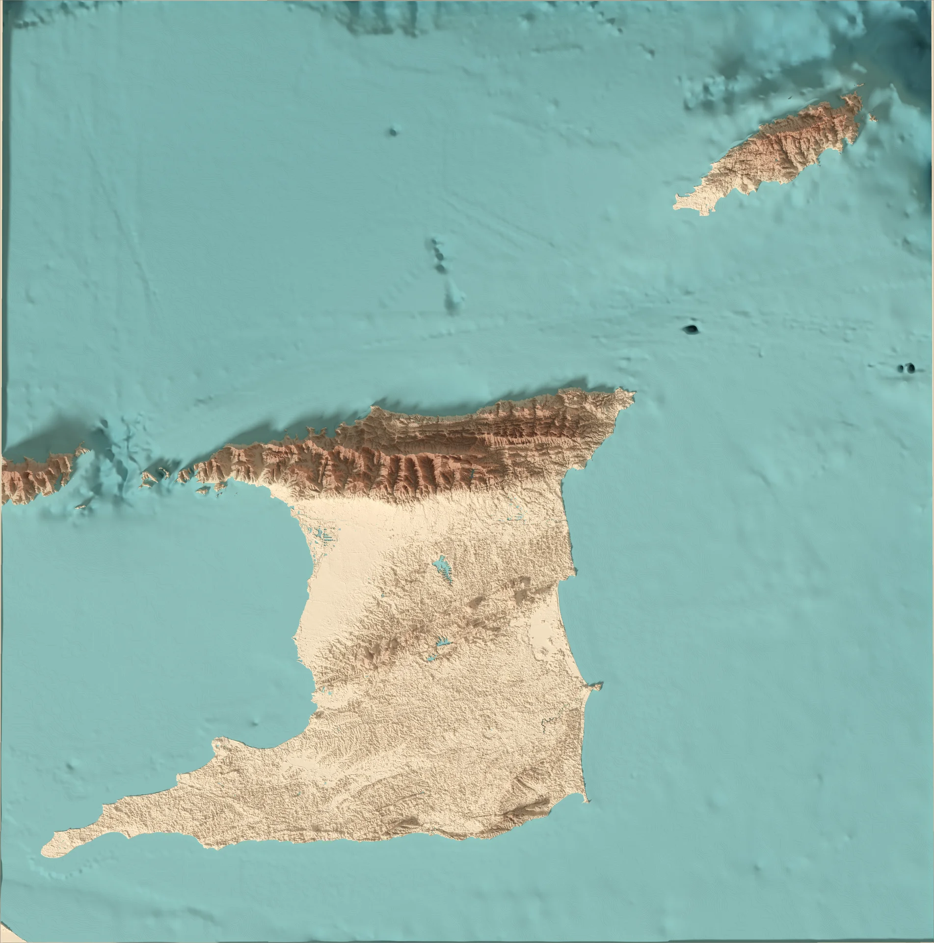 Ray-traced relief map of Trinidad and Tobago