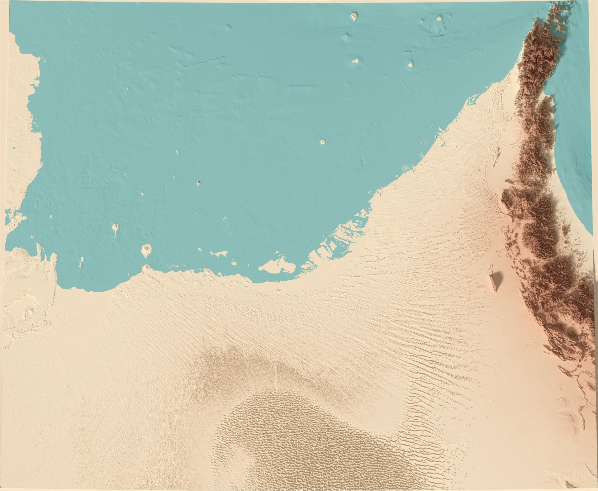 Ray-traced relief map of United Arab Emirates