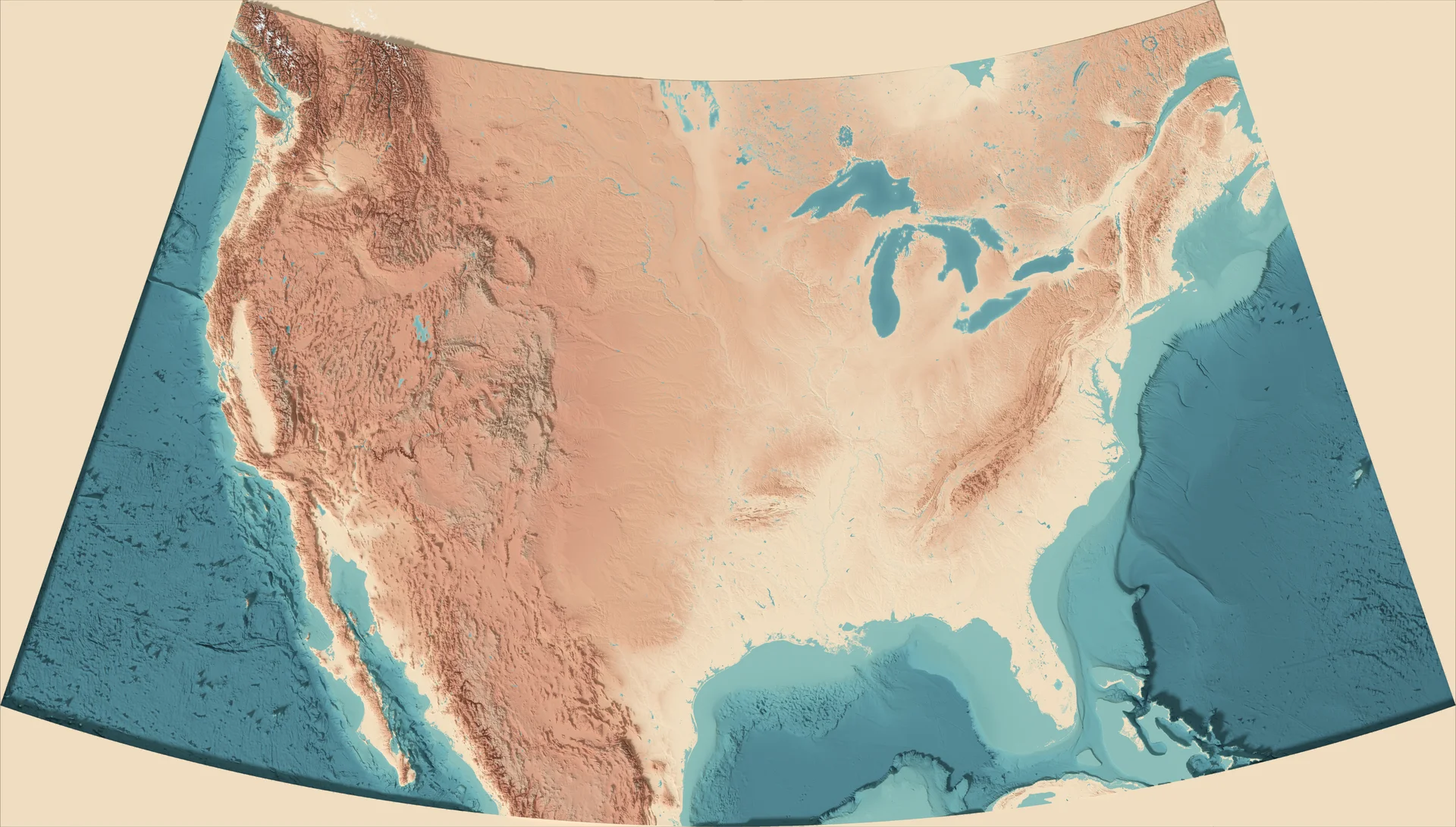 Ray-traced relief map of United States of America