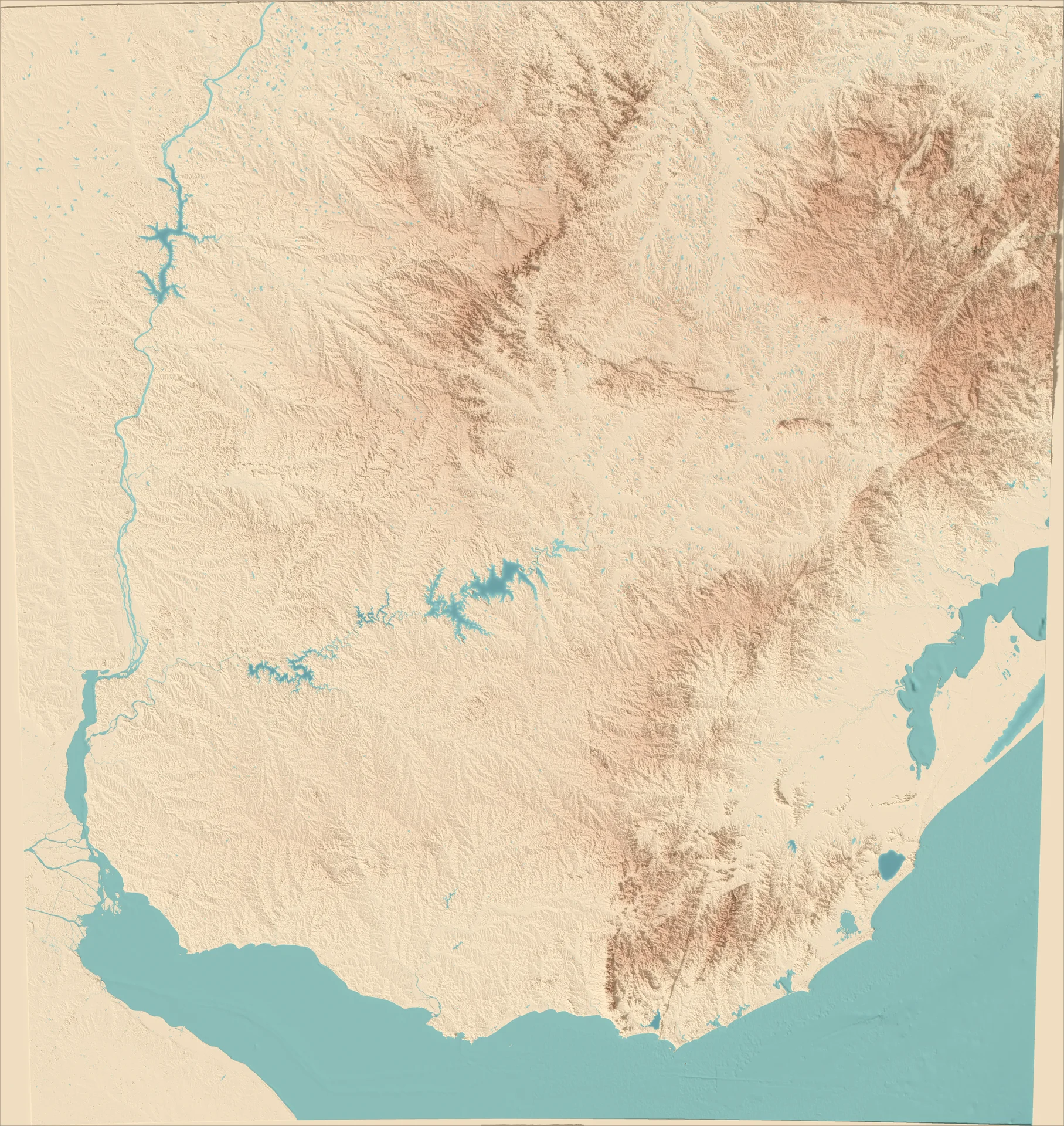 Ray-traced relief map of Uruguay