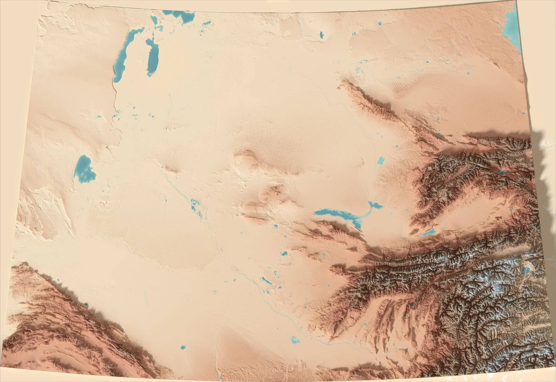 Ray-traced relief map of Uzbekistan