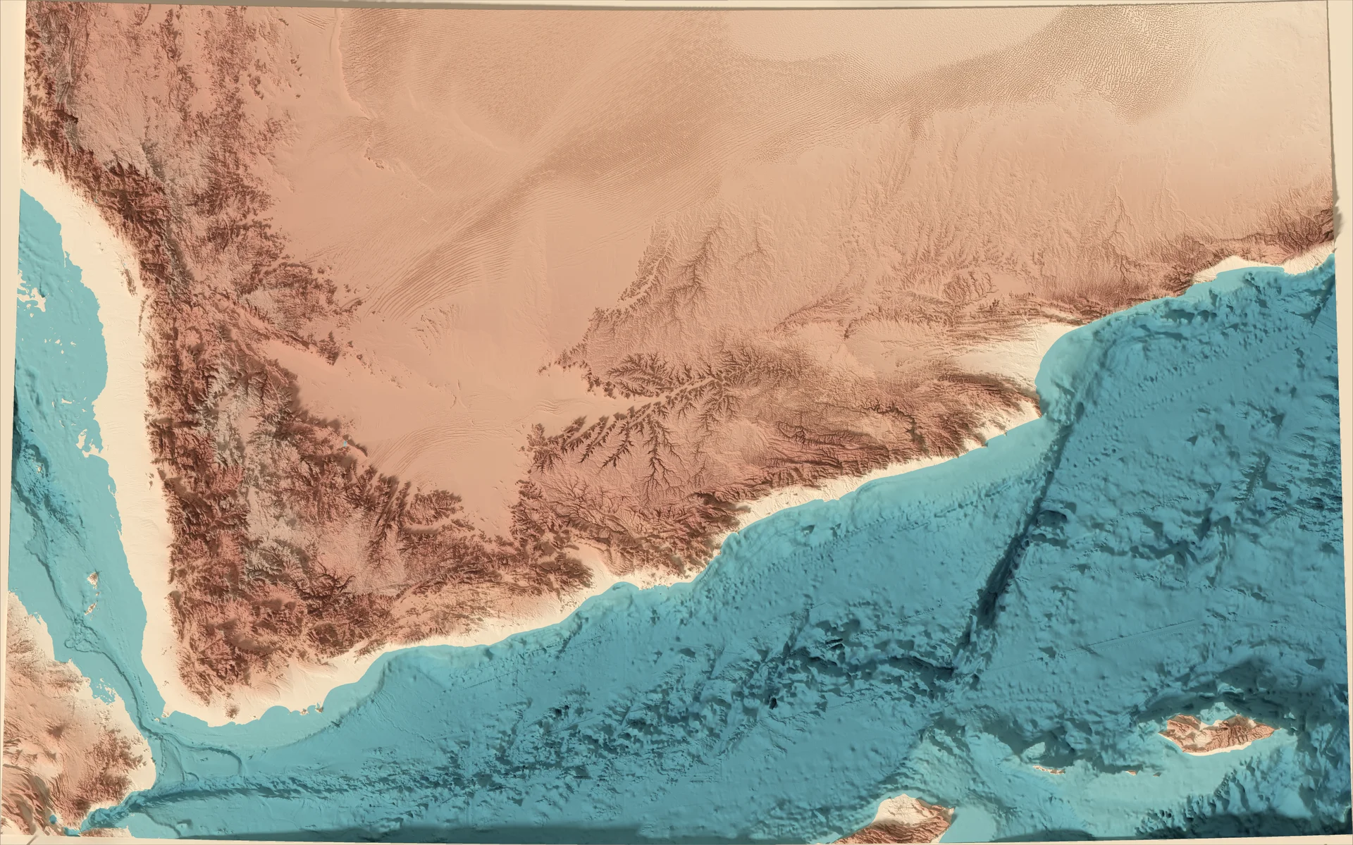 Ray-traced relief map of Yemen